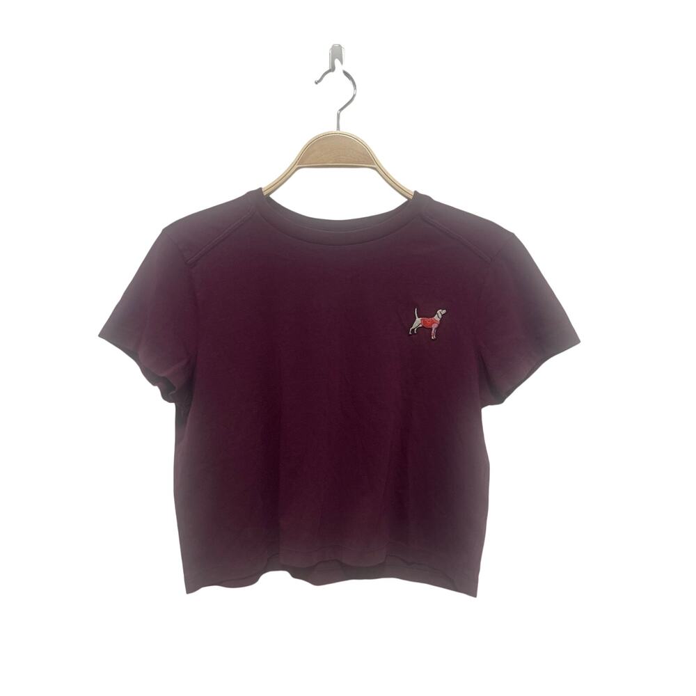 Victoria Secret Pink Maroon 100% Cropped Dog Logo Patch T-shirt Small NWT